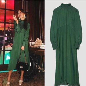 NWT ZARA Elegant Satin Long Sleeve Mock Neck Midi Dress Size Small $80